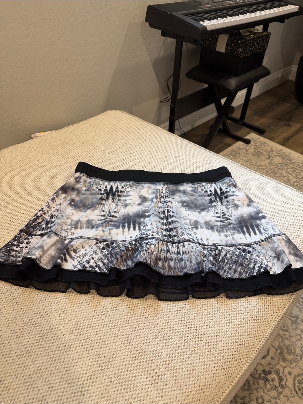 Black & White Patterned Ruffle Skort with Black Trim